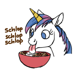 Size: 344x344 | Tagged: safe, artist:anonymous, ponerpics import, pony, unicorn, /mlp/, bowl, cereal, eating, food, milk, simple background, smiling, tongue, tongue out, unirings, white background
