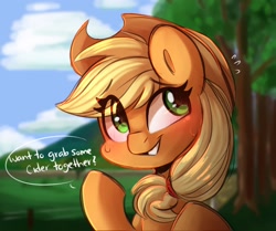 Size: 2048x1716 | Tagged: safe, artist:sakukitty, applejack, earth pony, pony, blushing, bronybait, bust, cute, dialogue, eye clipping through hair, female, jackabetes, mare, plewds, smiling, solo, speech bubble, sweat, sweet apple acres