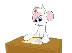 Size: 2418x1790 | Tagged: safe, artist:wapamario63, nurse redheart, earth pony, pony, chest fluff, desk, female, flat colors, folder, hat, looking down, mare, paper, simple background, sitting, solo, transparent background