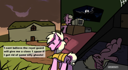 Size: 1820x1000 | Tagged: safe, artist:neuro, oc, oc only, earth pony, pony, 3 panel comic, armor, bed, dialogue, earth pony oc, female, guardsmare, mare, on back, open mouth, royal guard, sleeping, snoring, solo