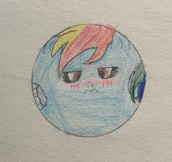 Size: 1280x1202 | Tagged: safe, artist:yourweirdisamanaphy, derpibooru import, rainbow dash, pegasus, ball, blushing, female, mare, morph ball, rainball, solo, traditional art