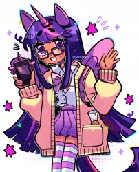 Size: 1523x1887 | Tagged: safe, artist:jack0ran, derpibooru import, twilight sparkle, twilight sparkle (alicorn), alicorn, human, barrette, bowtie, cardigan, clothes, colored pupils, cute, cutie mark, eared humanization, female, freckles, glasses, horn, horned humanization, humanized, phone, pleated skirt, scroll, simple background, skirt, smiling, socks, solo, stars, stockings, striped socks, thigh highs, twiabetes, white background, winged humanization, wings, zettai ryouiki
