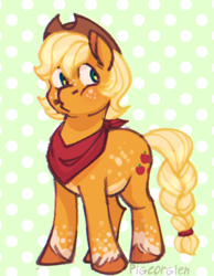 Size: 360x465 | Tagged: safe, artist:pigeorgien, derpibooru import, applejack, earth pony, pony, abstract background, alternate design, alternate hairstyle, applejack's hat, braided tail, clothes, coat markings, cowboy hat, eating, female, freckles, hat, kerchief, mare, solo, unshorn fetlocks