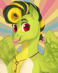 Size: 584x732 | Tagged: safe, artist:pigeorgien, derpibooru import, oc, oc only, oc:forrest wind, pegasus, pony, coat markings, eyebrows, key, looking at you, smiling, smiling at you, socks (coat marking), solo, wings