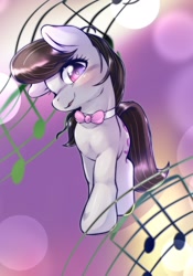 Size: 1430x2048 | Tagged: safe, artist:kurogewapony, derpibooru import, octavia melody, earth pony, pony, blushing, bowtie, cute, female, looking at you, mare, simple background, smiling, smiling at you, solo, tavibetes, treble clef