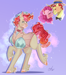 Size: 949x1080 | Tagged: safe, artist:bunnari, derpibooru import, flim, pinkie pie, oc, oc:cherry charade, pony, unicorn, clothes, female, flimpie, freckles, male, necktie, nuzzling, offspring, parent:flim, parent:pinkie pie, parents:flimpie, shipping, stallion, straight