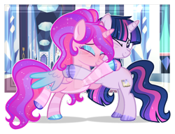 Size: 1280x984 | Tagged: safe, artist:auroranovasentry, derpibooru import, oc, oc only, oc:aurora nova, oc:starflight, alicorn, pony, unicorn, female, hug, mare, obtrusive watermark, watermark