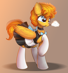 Size: 2083x2237 | Tagged: safe, artist:janelearts, derpibooru import, oc, oc only, pegasus, pony, bow, clothes, crossdressing, duster, ear fluff, ears, maid, male, mouth hold, oc name needed, solo, stallion, stockings, thigh highs