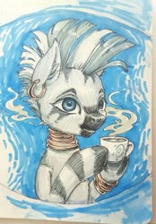 Size: 640x919 | Tagged: safe, artist:kovoranu, derpibooru import, zecora, zebra, coffee, ear fluff, ear piercing, earring, ears, jewelry, piercing, solo, steam, traditional art