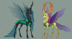 Size: 2500x1350 | Tagged: safe, artist:dementra369, derpibooru import, queen chrysalis, thorax, changedling, changeling, changeling queen, duo, female, green background, king thorax, male, realistic anatomy, simple background