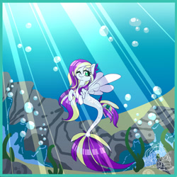 Size: 1280x1280 | Tagged: safe, artist:spoopypumpkinspice, derpibooru import, edit, oc, oc only, pegasus, pony, seapony (g4), bubble, crepuscular rays, dorsal fin, eyelashes, female, fish tail, flowing mane, flowing tail, green eyes, logo, logo edit, multicolored hair, ocean, one eye closed, rock, seaponified, seaweed, smiling, solo, species swap, sunlight, swimming, tail, underwater, water, wings