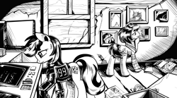 Size: 4252x2364 | Tagged: safe, artist:lexx2dot0, derpibooru import, oc, oc:blackjack, oc:p-21, earth pony, pony, unicorn, fallout equestria, fallout equestria: project horizons, black and white, book, comic, duo, fanfic art, grayscale, horn, monochrome, small horn