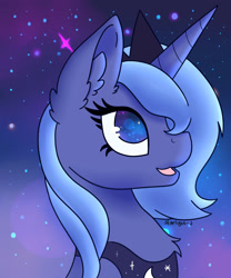 Size: 2500x3000 | Tagged: safe, artist:starlight-j, derpibooru import, princess luna, alicorn, bust, crown, ear fluff, ears, female, filly, jewelry, lens flare, open mouth, regalia, s1 luna, solo, starry sky, woona, younger