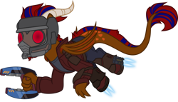 Size: 1280x731 | Tagged: safe, artist:mlp-trailgrazer, derpibooru import, oc, oc:jaywalk, dracony, dragon, hybrid, clothes, cosplay, costume, magnet, male, simple background, solo, star lord, transparent background