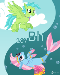 Size: 4000x5000 | Tagged: safe, artist:parclytaxel, derpibooru import, oc, oc only, oc:bottlegriff, oc:wishgriff, classical hippogriff, hippogriff, seapony (g4), series:joycall6's periodic table, .svg available, absurd resolution, bohrium, bubble, chemistry, cloud, commission, duality, eye contact, female, flying, genie, looking at each other, male, mare, not silverstream, not terramar, periodic table, smiling, smiling at each other, stallion, trotcon, trotcon online, underwater, vector, wings, yin-yang