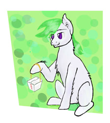 Size: 561x627 | Tagged: safe, artist:firebird145, derpibooru import, oc, oc only, earth pony, pony, abstract background, box, chest fluff, earth pony oc, food, hoof hold, sitting, smiling, solo