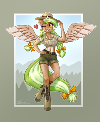 Size: 2232x2728 | Tagged: safe, artist:dandy, derpibooru import, oc, oc only, oc:sylvia evergreen, anthro, pegasus, unguligrade anthro, anthro oc, belly button, blushing, boots, bow, braided pigtails, breasts, clothes, female, freckles, hair bow, hand on hip, hat, heart, heart eyes, high res, looking at you, mare, midriff, one eye closed, pale belly, park ranger, pegasus oc, shirt, shoes, short shirt, shorts, smiling, smiling at you, solo, uniform, wingding eyes, wings, wink, winking at you