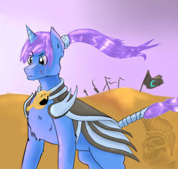 Size: 757x721 | Tagged: safe, artist:firebird145, derpibooru import, oc, oc only, pony, unicorn, cloak, clothes, desert, helmet, horn, male, sand, solo, stallion, unicorn oc