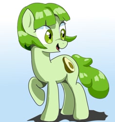 Size: 868x921 | Tagged: safe, artist:vinilyart, derpibooru import, oc, oc only, oc:sweet avocado, earth pony, pony, earth pony oc, female, gradient background, mare, open mouth, open smile, raised hoof, raised leg, smiling, solo