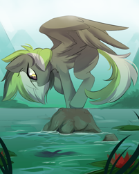 Size: 2648x3300 | Tagged: safe, artist:beardie, derpibooru import, oc, oc only, oc:graphite sketch, pegasus, pony, cute, lake, looking down, water