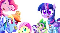 Size: 1128x624 | Tagged: safe, artist:ketereissim, derpibooru import, applejack, fluttershy, pinkie pie, rainbow dash, rarity, spike, twilight sparkle, twilight sparkle (alicorn), alicorn, clothes, doll, eyes closed, food, mane six, simple background, smiling, sweater, toy, white background