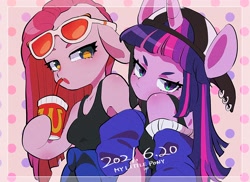 Size: 2748x2000 | Tagged: safe, artist:potetecyu_to, derpibooru import, pinkie pie, twilight sparkle, anthro, earth pony, unicorn, backwards ballcap, baseball cap, cap, clothes, drink, female, hat, jacket, looking at you, sunglasses, tanktop, tomboy