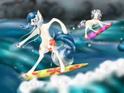 Size: 2362x1771 | Tagged: safe, artist:byemyfriends, derpibooru import, oc, oc only, earth pony, pony, bipedal, duo, earth pony oc, female, mare, outdoors, surfboard, surfing