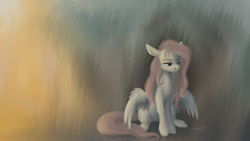 Size: 1024x576 | Tagged: safe, artist:bluefeathercat, derpibooru import, fluttershy, pegasus, pony, abstract background, female, looking away, looking down, mare, sitting, solo, spread wings, three quarter view, tired, wings, wings down