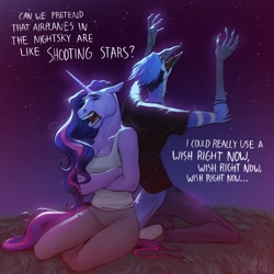 Size: 2048x2048 | Tagged: safe, artist:billieslang, derpibooru import, twilight sparkle, anthro, bird, blue jay, unicorn, aeroplanes and meteor showers, breasts, crossed arms, crossover, crossover shipping, crying, duo, female, horn, long hair, male, mordecai, mordetwi, raised arms, regular show, sad, shipping, singing, sitting, song reference, starry night, straight