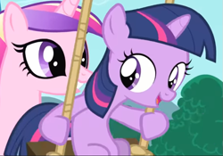 Size: 739x517 | Tagged: safe, derpibooru import, screencap, princess cadance, twilight sparkle, pony, unicorn, a canterlot wedding, cropped, female, filly, filly twilight sparkle, smiling, solo focus, swing, teen princess cadance, younger