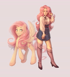 Size: 4313x4706 | Tagged: safe, artist:samsa0, derpibooru import, fluttershy, pegasus, pony, blouse, clothes, denim skirt, female, human ponidox, kneesocks, mare, pink background, self ponidox, shoes, signature, simple background, skirt, smiling, socks