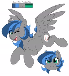 Size: 1877x2048 | Tagged: safe, artist:littlebibbo, oc, oc only, oc:bibbo, pegasus, pony, c:, eye clipping through hair, female, flying, freckles, looking at you, mare, one eye closed, open mouth, reference sheet, simple background, smiling, solo, spread wings, white background, wings, wink