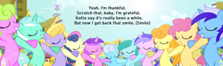 Size: 1280x383 | Tagged: safe, edit, edited screencap, screencap, amethyst star, bon bon, carrot top, cloud kicker, daisy, dizzy twister, flower wishes, golden harvest, linky, lyra heartstrings, minuette, orange swirl, sea swirl, seafoam, shoeshine, sparkler, spring melody, sprinkle medley, sweetie drops, earth pony, pony, unicorn, a friend in deed, bipedal, eyes closed, female, flower, flower in hair, katy perry, lyrics, smile song, smile song (katy perry)