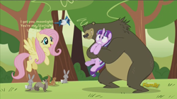 Size: 1280x720 | Tagged: safe, screencap, fluttershy, harry, starlight glimmer, bird, blue jay, ferret, pegasus, pony, rabbit, squirrel, the cutie re-mark, bear hug, dua lipa, flying, frown, gritted teeth, holding, holding a pony, hug, legitimate bear hugs, lyrics, open mouth, pain, pun, s5 starlight, smiling, song reference, song reference in the description, wide eyes