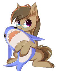 Size: 2214x2746 | Tagged: safe, artist:pesty_skillengton, oc, oc only, oc:dawnsong, earth pony, pony, shark, background removed, blåhaj, colored pupils, cute, ear fluff, ears, female, glasses, leg fluff, looking at you, mare, plushie, shark plushie, simple background, solo, toy, white background, ych result