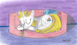 Size: 1280x754 | Tagged: safe, artist:pianoflagerag, derpibooru import, oc, oc:guiding light, unicorn, atg 2021, bed, behaving like a cat, newbie artist training grounds, sleeping, traditional art