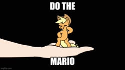 Size: 666x375 | Tagged: safe, artist:doublewbrothers, derpibooru import, edit, applejack, oc, oc:anon, earth pony, human, pony, bipedal, black background, dancing, do the mario, eyes closed, female, hand, mare, micro, offscreen character, simple background, solo focus, song in the comments, song reference, super mario bros., super mario bros. super show