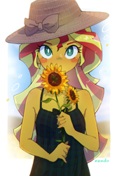 Size: 2250x3371 | Tagged: safe, artist:nendo, derpibooru import, sunset shimmer, equestria girls, bare shoulders, blush sticker, blushing, bow, clothes, commission, covering mouth, cute, dress, eyelashes, female, flower, hat, high res, looking at you, shimmerbetes, sleeveless, solo, sun hat, sunflower, weapons-grade cute