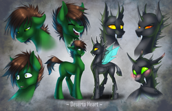 Size: 2000x1286 | Tagged: safe, artist:limreiart, derpibooru import, oc, oc:deserto heart, changeling, earth pony, blushing, changeling oc, facial expressions, fangs, illustration, simple background