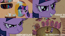 Size: 1280x720 | Tagged: safe, derpibooru import, edit, edited screencap, editor:quoterific, screencap, twilight sparkle, unicorn twilight, pony, unicorn, season 2, secret of my excess, eyes closed, female, golden oaks library, magic, mare, scrunchy face, smiling, solo, telekinesis