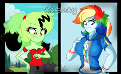 Size: 2570x1576 | Tagged: safe, artist:diamondgreenanimat0, derpibooru import, rainbow dash, oc, oc:diamondgreen, equestria girls, black hair, breast grab, breasts, brown eyes, clothes, cutie mark, cutie mark on clothes, disgusted, green hair, grope, multicolored hair, purple eyes, rainboob dash, rainbow hair, reversed, shirt, simple background, style change, surprised, sweater