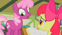 Size: 1920x1080 | Tagged: safe, derpibooru import, screencap, apple bloom, cheerilee, earth pony, pony, call of the cutie, season 1, apple bloom's bow, board, book, bow, female, filly, frown, hair bow, looking down, mare, open mouth
