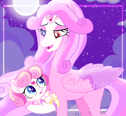 Size: 3496x3232 | Tagged: safe, artist:interstellar-quartz, derpibooru import, princess cadance, princess flurry heart, pegasus, pony, alternate design, alternate universe, baby, baby pony, base used, female, filly, full moon, heterochromia, holding a pony, moon, mother and child, mother and daughter, parent and child, pegasus cadance, pegasus flurry heart, race swap