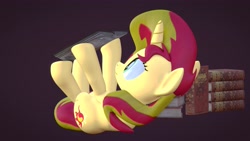 Size: 3820x2160 | Tagged: safe, artist:wissle, derpibooru import, sunset shimmer, pony, unicorn, 3d, atg 2021, blender, book, female, high res, lying down, mare, newbie artist training grounds, on back, reading, silly, silly pony, simple background, solo