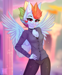 Size: 2655x3240 | Tagged: safe, artist:elektra-gertly, derpibooru import, rainbow dash, anthro, pegasus, alternate hairstyle, bra, breasts, choker, cleavage, clothes, ear fluff, ears, female, hand on hip, looking at you, mare, pants, shirt, solo, underwear