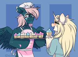 Size: 900x659 | Tagged: safe, artist:mediasmile666, derpibooru import, oc, oc only, pegasus, pony, unicorn, abstract background, apron, baking, bust, clothes, cupcake, curved horn, duo, female, food, hoof hold, horn, male, mare, smiling, spread wings, stallion, wings