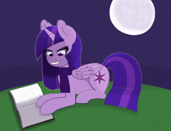 Size: 5715x4383 | Tagged: safe, artist:ionlydrawtwi, derpibooru exclusive, derpibooru import, twilight sparkle, twilight sparkle (alicorn), alicorn, backlighting, book, clothes, descended twilight, ethereal mane, female, grin, hill, lying down, mare, moon, night, night sky, prone, reading, scarf, simple background, sky, smiling, solo, starry mane, starry tail, stars