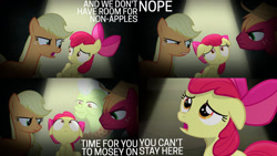 Size: 1280x720 | Tagged: safe, derpibooru import, edit, edited screencap, editor:quoterific, screencap, apple bloom, applejack, big macintosh, granny smith, earth pony, pony, bloom and gloom, season 5, abuse, apple bloom's bow, applejack's hat, bow, clothes, cowboy hat, female, filly, hair bow, hat, male, mare, open mouth, stallion, voice change, wide eyes