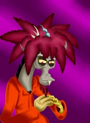 Size: 762x1048 | Tagged: safe, artist:gizmo01, derpibooru import, discord, draconequus, alternate hairstyle, antlers, clothes, devious smile, fangs, male, prison outfit, purple background, sideshow bob, simple background, spiky hair, the simpsons