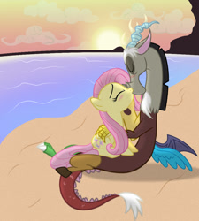 Size: 900x1000 | Tagged: safe, artist:pizza lord, derpibooru import, discord, fluttershy, beach, blushing, cloud, discoshy, evening, female, kissing, male, shipping, show accurate, straight, sun, vector